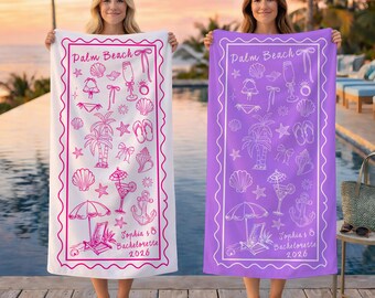 Toallas de playa personalizadas para despedida de soltera con nombre, toalla con nombre personalizado, toalla para viaje de chicas 2026, toalla de piscina para despedida de soltera, regalo de vacaciones