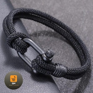 Svart reparmband med U-formad schackel för män | Minimalistiskt nautiskt armband | Justerbara snöresmycken