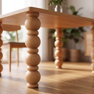 May include: A light-colored wooden dining table featuring a smooth, rectangular tabletop surface supported by four thick, turned legs. Each leg is composed of a series of stacked, rounded wooden spheres that create a distinct, textured column design.