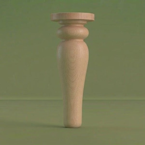 May include: A light-colored, unfinished wooden furniture leg featuring a turned design with a flat circular top, a rounded bulbous section below the neck, and a tapered cylindrical body that narrows toward the bottom base.