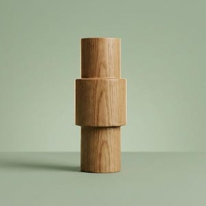May include: A cylindrical wooden vase featuring a stacked, three-tiered design with a natural light brown wood grain finish. The object consists of a narrower top and bottom section with a wider, prominent middle section, creating a geometric form.