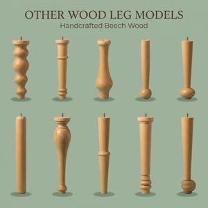 Op de afbeelding: Tien handgemaakte meubelpoten van beukenhout, gerangschikt in twee rijen. De tekst OTHER WOOD LEG MODELS en Handcrafted Beech Wood staat bovenaan. Elke lichtbruine houten poot heeft een unieke gedraaide vorm en een metalen bout.
