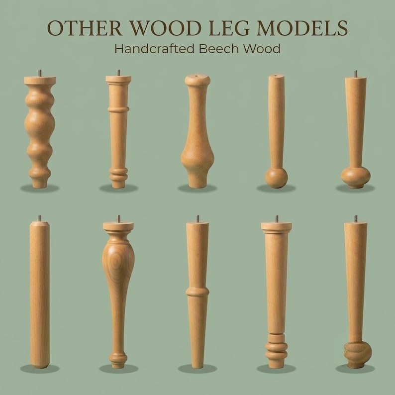 Op de afbeelding: Tien handgemaakte meubelpoten van beukenhout, gerangschikt in twee rijen. De tekst OTHER WOOD LEG MODELS en Handcrafted Beech Wood staat bovenaan. Elke lichtbruine houten poot heeft een unieke gedraaide vorm en een metalen bout.