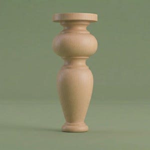 May include: A light-colored, unfinished wooden furniture leg featuring a turned design with a flat circular top, a rounded bulbous midsection, and a tapered base that flares slightly at the bottom, showcasing a smooth, natural wood grain texture.