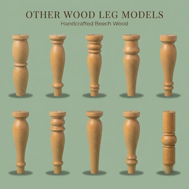 Op de afbeelding: Tien lichtbruine houten meubelpoten gerangschikt in twee rijen. De tekst bovenaan luidt OTHER WOOD LEG MODELS Handcrafted Beech Wood. Elke poot heeft een uniek gedraaid ontwerp met vari&euml;rende rondingen, taps toelopende vormen en gladde afwerkingen.