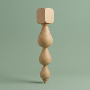 May include: A light-colored wooden furniture leg featuring a square top block followed by three stacked, rounded, teardrop-shaped bulbous sections that taper down to a small, pointed base, showcasing a smooth, natural wood grain finish throughout.