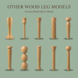 Op de afbeelding: Tien verschillende meubelpoten van lichtgekleurd beukenhout, gerangschikt in twee rijen. De tekst bovenaan luidt OTHER WOOD LEG MODELS Handcrafted Beech Wood. Elke poot heeft een unieke vorm, waaronder taps toelopende, geribbelde en bolvormige ontwerpen.