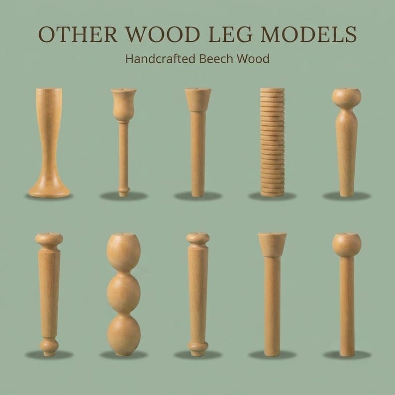 Op de afbeelding: Tien verschillende meubelpoten van lichtgekleurd beukenhout, gerangschikt in twee rijen. De tekst bovenaan luidt OTHER WOOD LEG MODELS Handcrafted Beech Wood. Elke poot heeft een unieke vorm, waaronder taps toelopende, geribbelde en bolvormige ontwerpen.