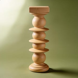 May include: A tall, light-coloured wooden pedestal featuring a stacked design. The structure consists of a flat square top, four rounded spherical sections, and three thin, flat circular discs interspersed between the spheres, ending in a wide base.