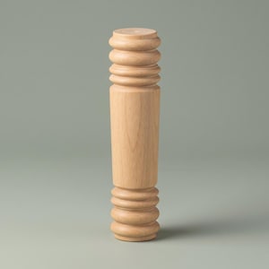 May include: A cylindrical light-colored wooden furniture leg featuring a smooth central section and decorative ribbed, rounded detailing at both the top and bottom ends. The piece is crafted from natural wood with a visible grain and a matte finish.