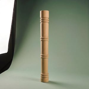 May include: A tall, cylindrical wooden furniture leg featuring a light tan natural wood grain finish. The leg has a smooth, turned design with three distinct horizontal decorative rings spaced evenly along its vertical length.