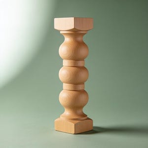 Könnte beinhalten: Ein hellfarbener Kerzenhalter aus Holz mit einem vertikalen Design, das drei abgerundete, bauchige Abschnitte zwischen einem quadratischen Sockel und einer quadratischen Oberseite aufweist. Die Holzmaserung ist auf der glatten Oberfläche sichtbar.