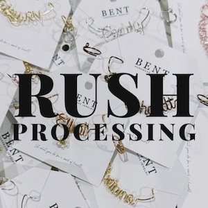 May include: An assortment of handmade jewelry, including bracelets and rings, displayed on white cards. The cards feature the brand name "BENT" and the words "RUSH PROCESSING". The image also includes the text "3-5 business days".