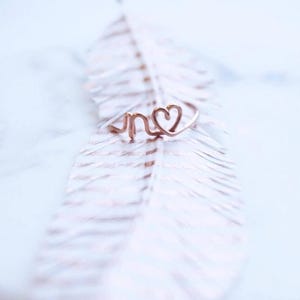 Peut inclure: Une d&eacute;licate bague en or rose avec les lettres "n" et un motif en forme de c&oelig;ur. La bague est pr&eacute;sent&eacute;e sur une plume blanche aux accents roses subtils, cr&eacute;ant une esth&eacute;tique douce et romantique. La bague est un bijou.