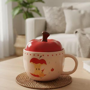 May include: A beige ceramic mug with an apple design, featuring a red apple-shaped lid with a brown stem. The mug has a handle and is decorated with a cartoon apple illustration. It sits on a round, woven coaster.