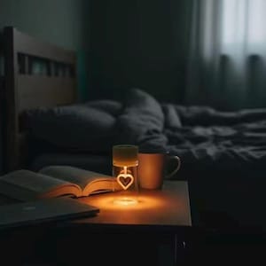May include: A bedside scene featuring a glowing heart-shaped lamp, a mug, and an open book. The lamp emits a warm, inviting light, illuminating the table. A laptop sits nearby, with a bed in the background.