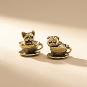Brass Teacup Cat and Dog Figurines Set, Mini Cute Animal Decor, Vintage Desk Ornament, Tiny Gift for Cat Lover, Coffee Table Decor