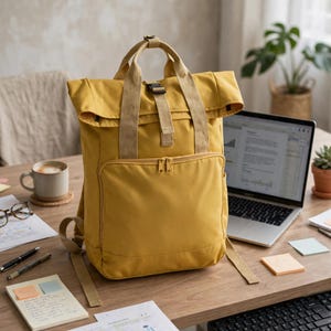 Twin Handle Roll Top Backpack – Recycled Laptop Rucksack – Personal Item Cabin Bag Travel Backpack