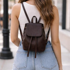 Vintage Style Dark Brown Leather Mini Backpack | Drawstring Travel Bag