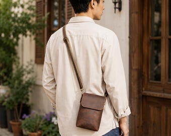 Leren schoudertas voor telefoon voor mannen en vrouwen, kleine schoudertas, vintage leren telefoonportemonnee, crossbody-reisportemonnee