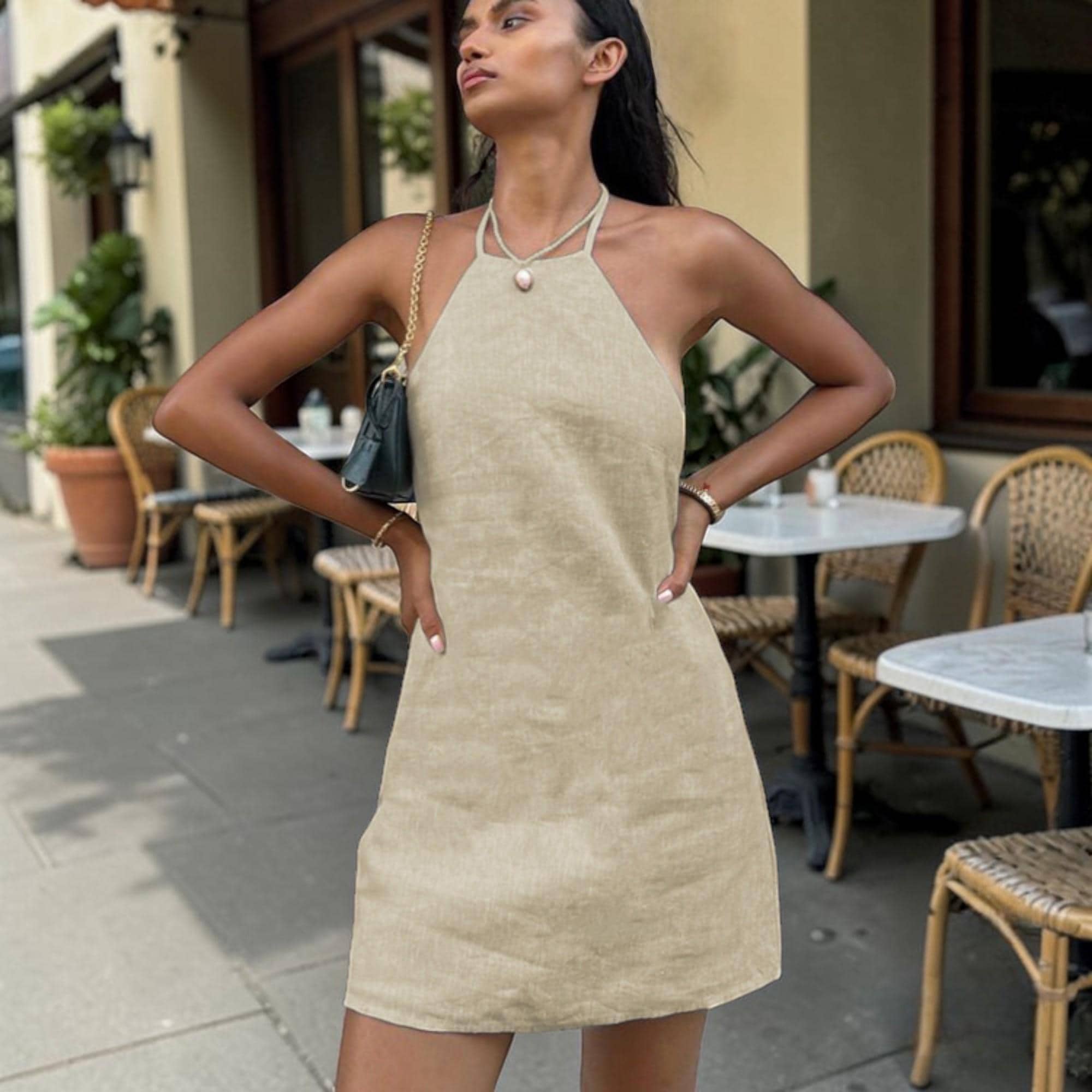 halter pleated dress Ibiza Linen & Cotton Halter Cover-Up Top in Brown main image 0