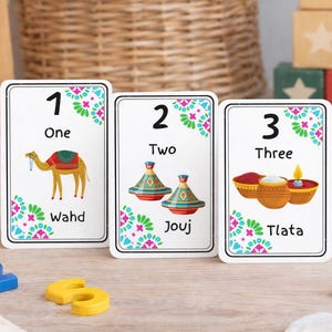 Puede incluir: Tres tarjetas educativas con los números 1, 2 y 3. Cada tarjeta presenta un número, su palabra en inglés y una ilustración. Las tarjetas tienen un borde decorativo con un camello, tagines y cuencos con una vela.