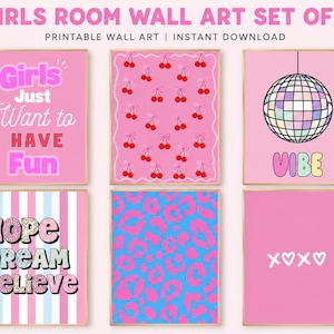 Girls Bedroom Wall Art Set | 6 Prints, Pink, Blue, Leopard, Disco (Digital Download)