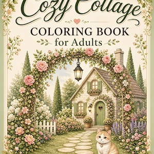 以下が含まれることがあります： 「Cozy Cottage」というタイトルの塗り絵本の表紙。石畳の小道があり、花と緑に囲まれたコテージの詳細なイラスト。猫が小道の近くに座っています。表紙には「COLORING BOOK for Adults」と「10 Relaxing Garden Scenes」という文字も含まれています。