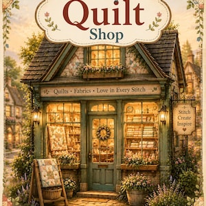 Op de afbeelding: Een winkelpui met het bord Cozy Quilt Shop, Quilts Fabrics Love in Every Stitch en Stitch Create Inspire. Het gebouw heeft een groen houten frame, grote etalages gevuld met rollen stof en een quilt op een houten standaard.