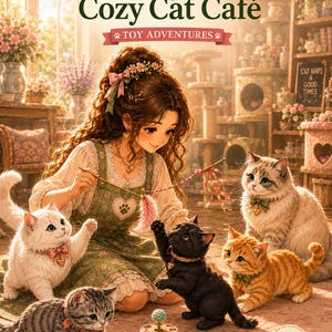 May include: A digital illustration titled Lily's Cozy Cat Café Toy Adventures featuring a person with long brown hair playing with four kittens of various colors. The scene includes a multi-level cat toy, a small fish toy, and a sign reading Cat Naps & Good Times. The image is labeled 40 Pages PDF.