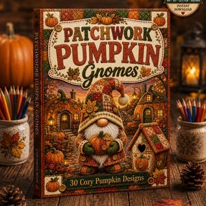 May include: A coloring book titled Patchwork Pumpkin Gnomes featuring a central illustration of a gnome holding a pumpkin, surrounded by pumpkin-shaped houses, autumn foliage, and a badge stating 30 designs, A4, A5, letter, square, instant download.