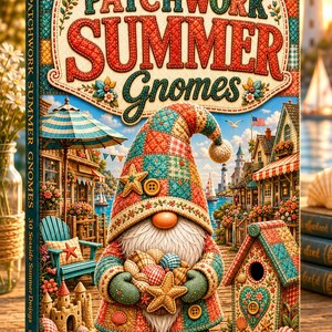 May include: A book titled Patchwork Summer Gnomes with 30 Seaside Summer Designs on the cover. The illustration features a gnome holding seashells, wearing a patchwork hat and coat, standing on a wooden dock near a lighthouse and beach houses.