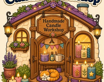 May include: A coloring book cover titled Handmade Candle Workshop featuring a cottage with a purple roof, hanging lanterns, and a wooden sign. The scene includes lit candles, a sleeping orange cat, potted lavender, and a basket of candles.