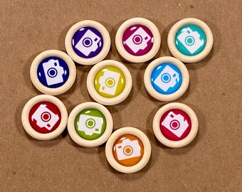 Jewel Tone Camera Wood Button Embellishments for Scrapbooking and Paper Crafts