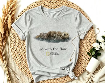 Go With The Flow Floating Otter National Geographic T-Shirt, Cute Water Otter Wildlife Coastal Casual Graphic Tee