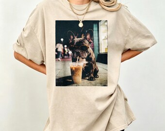 Vintage Bulldog Iced Coffee Photo T-Shirt, Cool Sunglasses Dog Coffee Lover Casual Tee, Funny Humor Dog Shirt