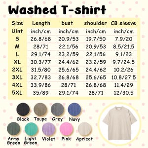 May include: A beige washed t-shirt with a size chart. The chart lists measurements in inches and centimeters for sizes S through 5XL, including length, bust, shoulder, and sleeve dimensions. Color swatches include black, taupe, grey, navy, army green, light green, violet, pink, and apricot.