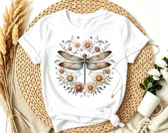 Vintage Watercolor Dragonfly Wildflower Wreath T-Shirt, Floral Insect Botanical Casual Women Tee