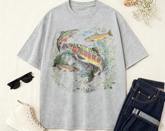 Vintage Watercolor Rainbow Trout Stream Fishing T-Shirt, Freshwater Fish Fisherman Outdoor Casual Tee, Fishing Father Shirt, Father Day Gift