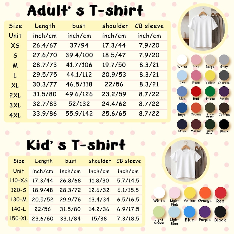 May include: A chart detailing adult and kid's t-shirt sizes, including length, bust, shoulder, and sleeve measurements in inches and centimeters. Color swatches are also displayed, offering a variety of options for t-shirt customization.