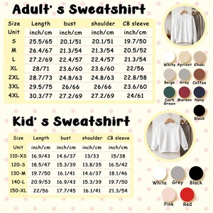 May include: White sweatshirts for adults and kids, with size charts in inches and centimeters. Color options include white, grey, black, pink, and red. The adult sizes range from S to 4XL, and the kids' sizes range from 110-XS to 150-XL.