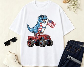 Patriotic Dinosaur Monster Truck 4th Of July T-Shirt, USA Flag T-Rex Tee, American Independence Day Gift