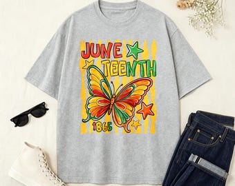 Bright Yellow Vertical Stripes Colorful Art Butterfly Juneteenth 1865 T-Shirt, African American Star Black Freedom Holiday Tee
