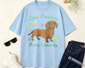 Less Meanies More Weenies Funny Hand Drawn Dachshund Star Graphic T-Shirt, Cute Wiener Dog Slogan Casual Women Tee