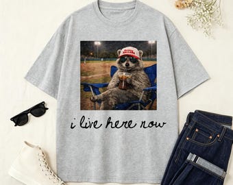 I Live Here Now Baseball Bleacher Raccoon Photo T-Shirt, Funny Sports Night Urban Raccoon Casual Tee
