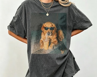 Vintage Photo Golden Retriever With Sunglasses Iced Coffee Casual T-Shirt, Cool Retro Dog Coffee Lover Pet Mom Graphic Tee
