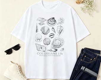 Colossians 1:16 Seashell Line Art Vintage Washed T-Shirt, Christian Bible Verse Coastal Faith Religious Casual Tee