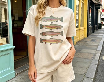 Vintage Rainbow Trout T-Shirt, Freshwater Fish Fisherman Outdoor Angler Casual Tee, Fishing Father Shirt, Father Day Gift