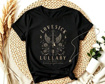 Lovesick Lullaby Winged Guitar Rose Vintage Rock T-Shirt, Retro Music Notes Tee, Gothic Tee