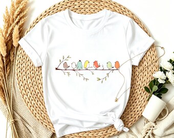 Cute Pastel Birds On Branch Hand Drawn T-Shirt, Minimal Boho Spring Bird Cottagecore Casual Women Tee